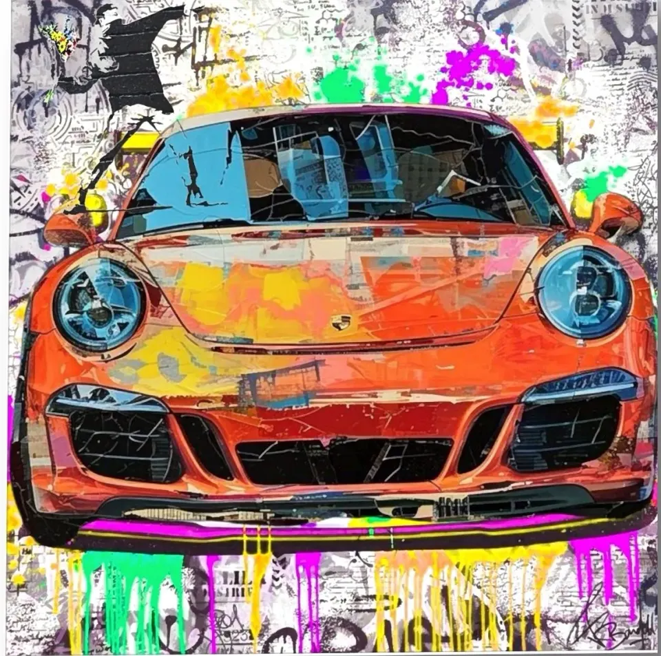Opera di RO5: auto sportiva arancione con colature