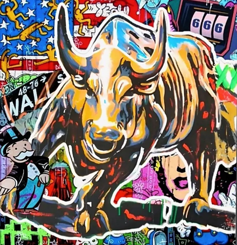 Opera di RO5: toro su fondo di icone pop